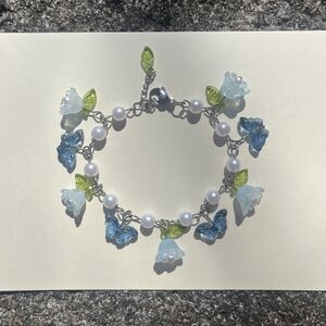 Lily of the Valley Leafy Butterfly Charm Bracelet - Blue - Stainless Steel